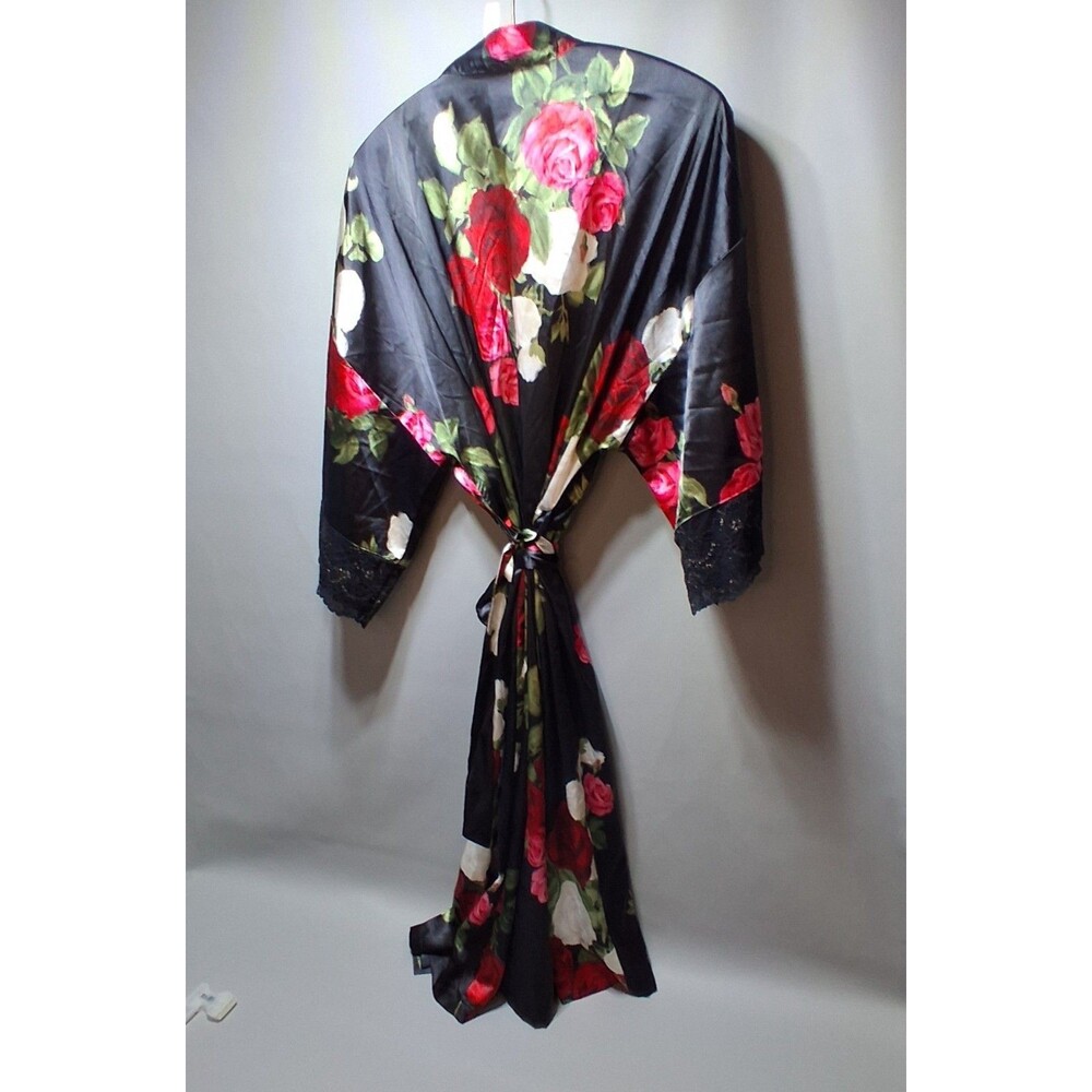 Lilac + London XL Kimono Robe Black Satin Red Floral Rose Lace Trim Sleepwear - Picture 3 of 8